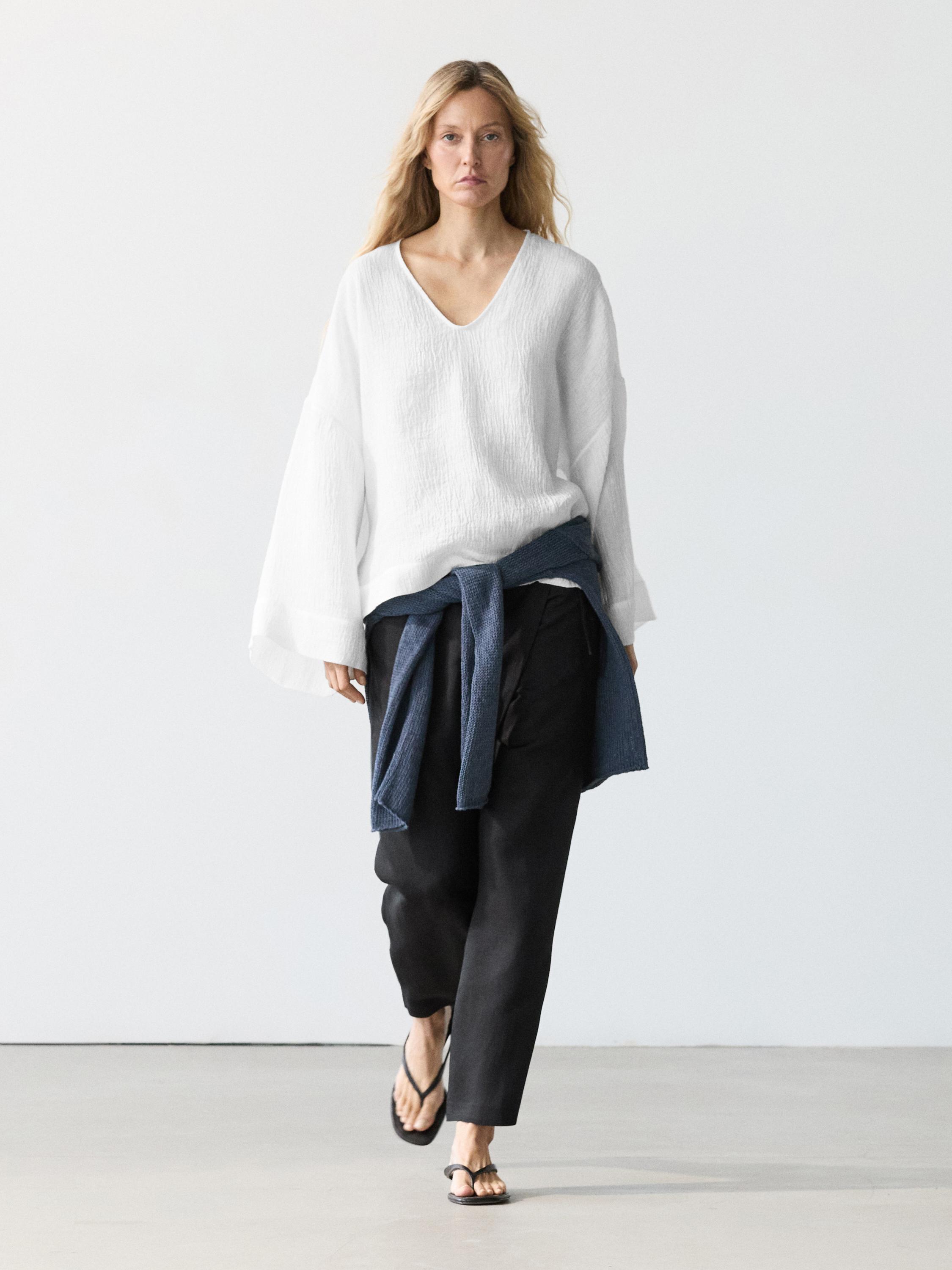 100% linen waffle-knit flowing blouse